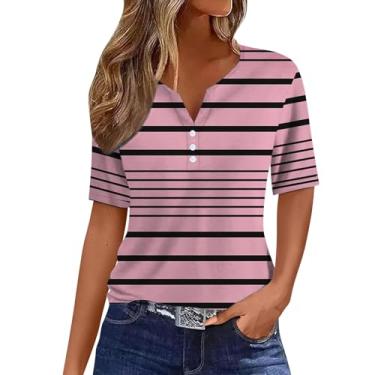 Imagem de Camiseta feminina moderna casual listrada com botão patchwork manga curta camiseta atlética de compressão feminina, rosa, P