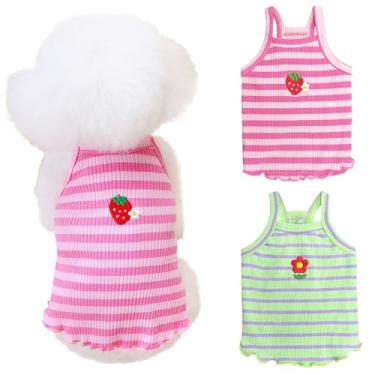 Imagem de Yaopelky 2 peças de roupas de verão para cães pequenos e médios camisa listrada linda flor morango bordado colete roupa de animal de estimação para chihuahua yorkie Teddy (verde-rosa, grande)