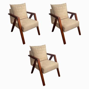 Imagem de Kit 3 Poltronas Monalisa Decorativa Mona Pés de Madeira Maciça Linho Bege