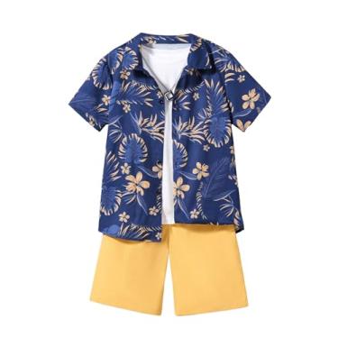 Imagem de Floerns Conjunto de camisa havaiana de manga curta com shorts de 2 peças para meninos, Azul e amarelo, 10Y