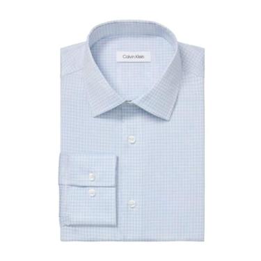 Imagem de Calvin Klein Camisa social masculina slim fit algodão refinado stretch, Multiazul, 17" Neck 36"-37" Sleeve