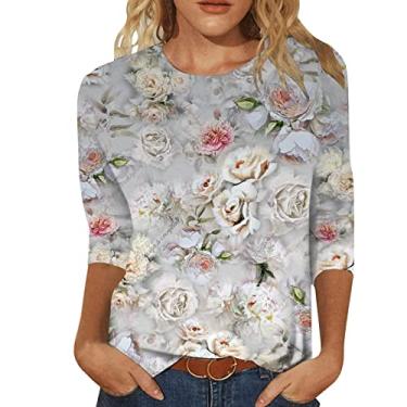 Imagem de Camisetas femininas de outono 2024 manga 3/4 2024 blusas elegantes modernas túnica solta moda verão 2024, Prata, M