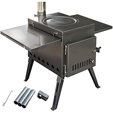 Imagem de Fogueira de acampamento, fogão a lenha com alça, inclui tubo de chaminé e prateleiras laterais niveladas, fogões a lenha para barraca, abrigo, aquecimento e cozinha de acampamento, grande