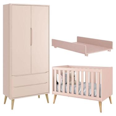 Imagem de Berço Americano e Guarda Roupa Theo 2 Portas Rosa com Pés Madeira Natural com Trocador Juju – Reller