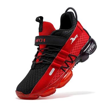 Imagem de Tênis de corrida JMFCHI para meninos e meninas, infantil, de malha, esportivo, respirável, leve, para crianças, moderno, atlético, casual, Black/Red-8100, 5 Big Kid