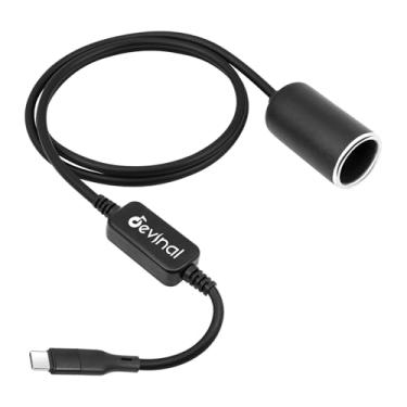 Imagem de Devinal Cabo adaptador de tomada USB C macho para isqueiro de 12 V/18 W para detector de radar, câmera de painel, GPS, tiras de luz LED de carro de 90 cm