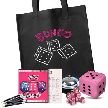 Imagem de Bunco Game Kit with Crystal Tote Bag - Includes 9 Pink Dice, Bunco Score Sheets, Pencils, Bell, & 3 Inch Plush Dice - All of The Bunco Party Supplies You Need!