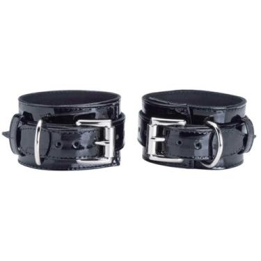 Imagem de Pulseira Couro Legítimo Algemas Preto Vinil Ajustável Fantasia Estilo 