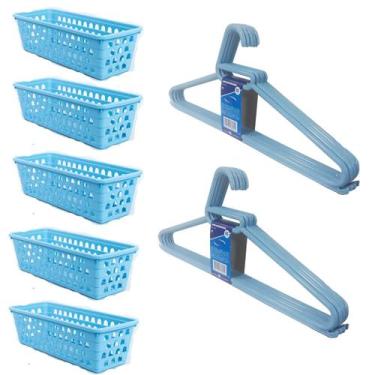 Imagem de Kit 5 Cestos Organizador Retangular 28x11x8 Cm + 10 Cabides Azul - Tri