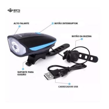 Imagem de Farol com Buzina Recarregavel USB Bike 250Lumens Azul - JYX