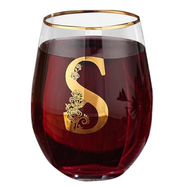 Imagem de Taça de vinho com monograma floral sem haste exclusiva gravada com inicial para tinto ou branco 425 g copo de vinho letra S - presentes para mulheres, homens, presentes de aniversário, Natal,