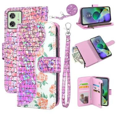 Imagem de Dibosom Capa carteira floral para Motorola Moto G54 5G com alça de pulso alça de ombro flip zíper bolsa porta-cartão, suporte de couro PU de luxo brilhante brilhante brilhante capa de celular para G