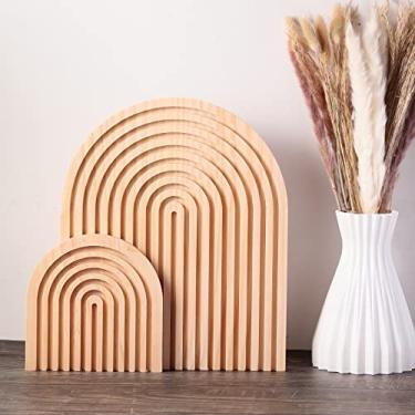Imagem de Pinkunn 2 tábuas decorativas de madeira para charcutaria grossa em forma de arco-íris, placa de corte boho, bandeja oval de madeira, decoração de prateleira de arco de cozinha, 2 tamanhos