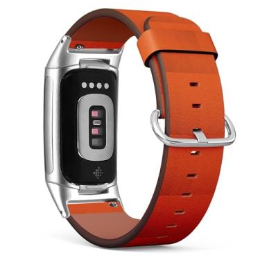 Imagem de Pulseira de couro de substituição para relógio Fitbit Charge 5 / Fitbit Charge 6 (textura de papel laranja) para smartwatch para mulheres e homens
