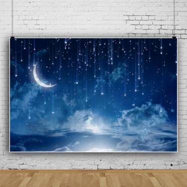 Imagem de Twinkle Twinkle Little Star Pano de fundo lua, céu noturno estrelado, nuvem, azul marinho, celestial, chá de bebê, decoração de festa de aniversário, adereços de cabine fotográfica, 2,4 x 1,8 m