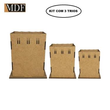 Imagem de Kit 3 Trio de Cachepot Borda Ondulada Passa Fita P M G Laser Mdf Madei