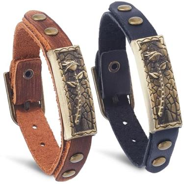 Imagem de GORGECRAFT Pulseira masculina de couro legítimo ajustável em 2 cores, pulseiras punk rock de Halloween, pulseiras de motocicleta, feitas à mão, com botões de liga de flor rosa para cosplay de Natal