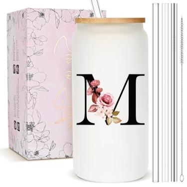 Imagem de Presentes personalizados para mulheres, copo de vidro fosco monograma com canudo e tampa, caneca personalizada fofa, copos de café gelado com inicial personalizada, copo de bebida personalizável,