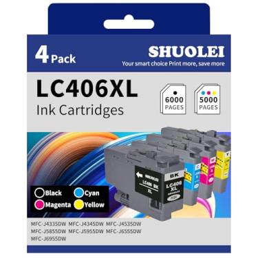 Imagem de SHUOLEI Cartucho de tinta LC406XL compatível com Brother LC406XL LC406 de alto rendimento funciona com MFC-J4335DW MFC-J4345DW MFC-J4535DW MFC-J5855DW MFC-J5955DW MFC-J6555DW MFC-J6955DW (pacote com