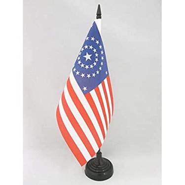 Imagem de Bandeira de mesa de registro de estrelas dos EUA 12 x 20.3 cm - EUA - Bandeira de mesa americana 21 x 14 cm - Bastão e base de plástico preto - Drapeau USA étoiles en rond AZ FLAG