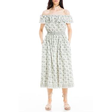 Imagem de Max Studio Vestido midi feminino com ombro de fora e cintura franzida, Guirlanda de ferradura creme/azul, P
