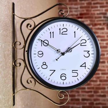 Imagem de Relógio de parede, vintage dupla face vintage industrial para decoração ao ar livre arte de parede decoração antiga escritório cozinha silenciosa rotação de 360 graus relógio de parede antigo