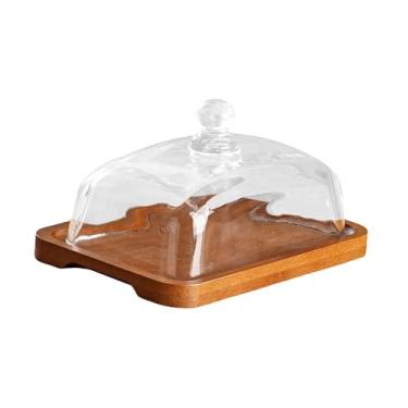 Imagem de IEUDNS Suporte de bolo de madeira prato de manteiga criativo vidro coberto caixa de queijo bolo e pastelaria suporte para muffins de queijo creme cozinha, Cor Madeira Escura