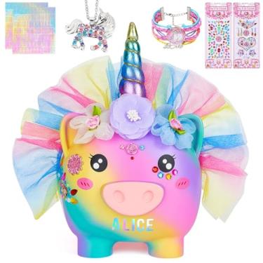 Imagem de Cofrinho para meninas, grandes cofrinhos de unicórnio com colar, pulseira, adesivos faça-você-mesmo, moeda fofa, cofrinho inquebrável para crianças pequenas, presentes de aniversário de Natal,
