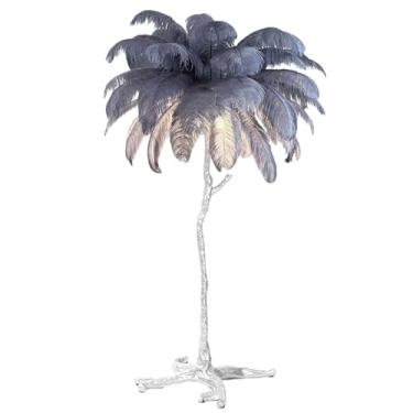 Imagem de Lâmpada de pena de luxo, luminária de chão de penas, lâmpada de LED simples regulável com interruptor de pé, lâmpada de leitura de corpo de resina prateada para decoração