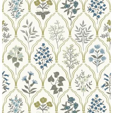 Imagem de Dimoon Papel de parede de 199.9 cm x 43.9 cm Papel de parede de contato floral moderno removível papel de parede bege autoadesivo Boho papel de contato para armários gavetas azul vintage quarto grosso