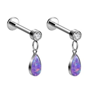 Imagem de ZYTAIJEW 2 peças 16G G23 titânio rosca interna bisel CZ e lágrima opala sintética labret monroe tragus cartilagem brinco piercing de nariz joia 6 mm-12 mm, Titânio, Sem Pedra Preciosa