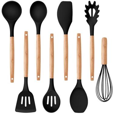 Imagem de P&P CHEF Conjunto de utensílios de cozinha de silicone, 8 peças de utensílios de cozinha com cabo de madeira, espátula de silicone para panelas antiaderentes, à prova de calor e fácil de limpar, preto