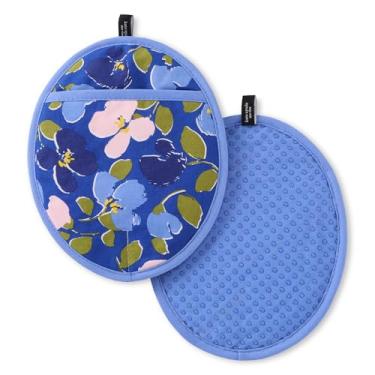 Imagem de Kate Spade New York Conjunto com 2 suportes para buquê Painterly, resistente ao calor, 100% algodão com aderência de silicone antiderrapante impressa, azul/verde/rosa, 20 x 25 cm