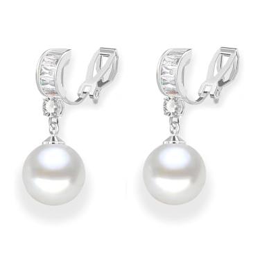 Imagem de Brincos femininos com clipe de pérola para casamento, formatura, zircônia cúbica não perfurada, brincos pendentes de prata que não machucam para noivas, damas de honra, mãe da noiva com argola em