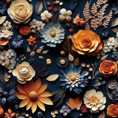 Imagem de FunStick Papel de parede floral de vinil floral azul marinho 44,5 cm x 1,598 cm Papel de parede elegante para locatário com flores em relevo 3D falso bege laranja azul papel de contato autoadesivo