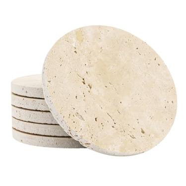 Imagem de YONGHEE Conjunto de 6 porta-copos de travertino, porta-copos de mármore bege moderno para decoração de mesa de café, decoração de casa, porta-copos de pedra semiabsorvente com suporte de veludo para
