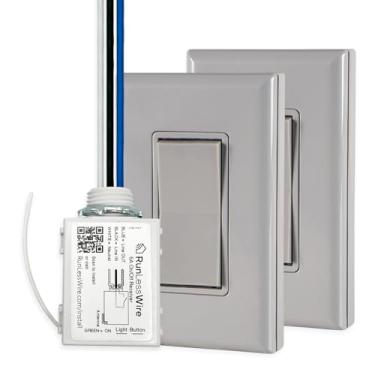 Imagem de RunLessWire Kit de interruptor de luz sem fio DIY sem bateria de 3 vias, alcance RF de 45 metros, autoalimentado por energia cinética para corredores e escadas: 2 interruptores de controle remoto 1