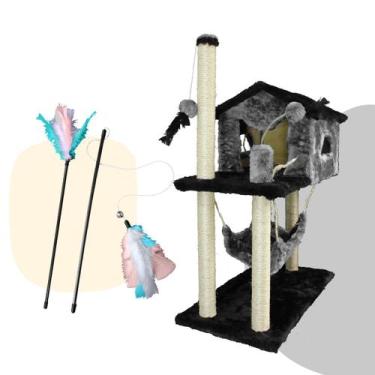 Imagem de Kit Arranhador Casa Com Rede Para Gato 2 Andares Varinhas Interativas 