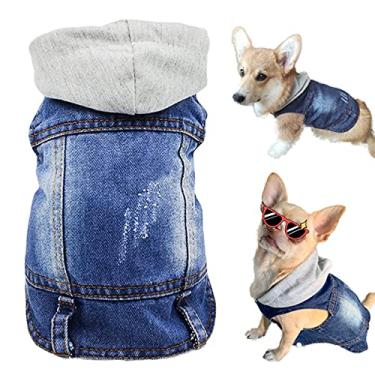 Imagem de Roupas para animais de estimação, jaqueta jeans azul descolado, casaco com capuz, roupa para filhotes, colete de lapela lavável vintage para cães, camiseta clássica para cães pequenos e médios gatos (azul, grande)