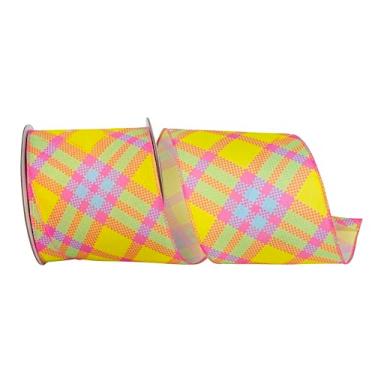 Imagem de Reliant Ribbon Fita xadrez diagonal brilhante de linho com fio, amarelo/fúcsia