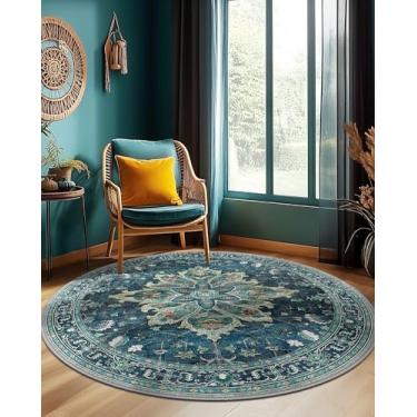 Imagem de RELEANY Tapetes de área de 1,2 m lavável, antiderrapante, floral, vintage, estampa de angústia, tapete medalhão para sala de estar, quarto, sala de jantar, verde-petróleo, azul lago turquesa