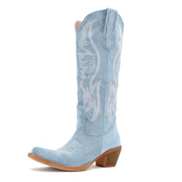 Imagem de GORBINETI Botas femininas caubói, cano médio, botas de cowgirl, vermelho ocidental, bordadas, camurça, bico amêndoa, salto grosso, Azul-celeste, 15, 36