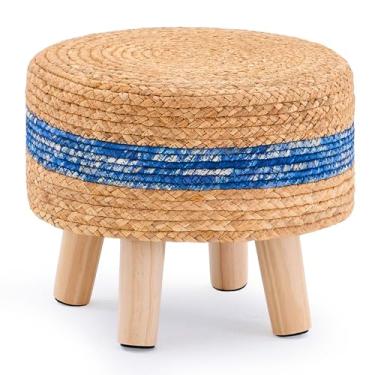 Imagem de LGENHOOM Jacinto de água natural, banco baixo redondo tecido à mão com pernas de pinheiro, apoio para os pés acolchoado macio para sala de estar ou quarto, azul