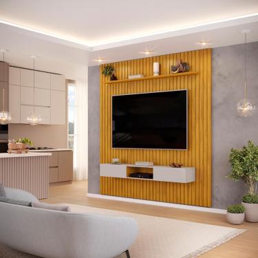 Imagem de Painel com Bancada para TV até 75 Polegadas Ripado dj Móveis Trento 223 Cedro Bali