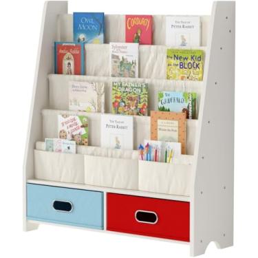 Imagem de SEIRIONE Estante infantil resistente, suporte de exibição infantil, 4 alças e 2 caixas de armazenamento para organizador de brinquedos, textura branca/madeira