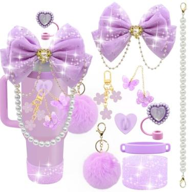 Imagem de LBU Acessórios de copo Bling Stanley para copo de 40/30/590 ml com alça, incluindo topo de palha com laço de glitter, capa de canudo de coração, alça de alça de garrafa de água pérola, bota, pompom,