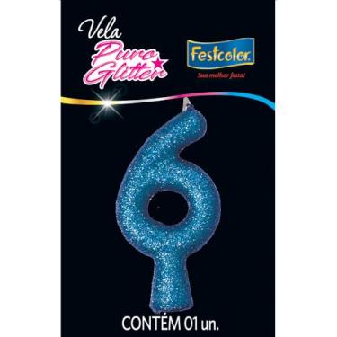 Imagem de Vela Puro Glitter Azul N 6 - Embalagem com 1 unidade.