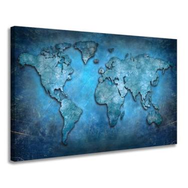Imagem de Quadro Decorativo Mapa Mundi Azul em Tela Canvas 90x60cm com Chassi de Madeira para Sala, Quarto e Escritório