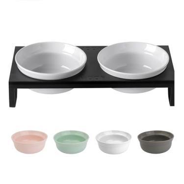 Imagem de Conjunto de tigelas brancas de cerâmica para cães – tigelas de água e ração para cães de 15 cm de largura, tigelas de alimentação elevadas com suporte de metal para gatos internos e cães médios, 2