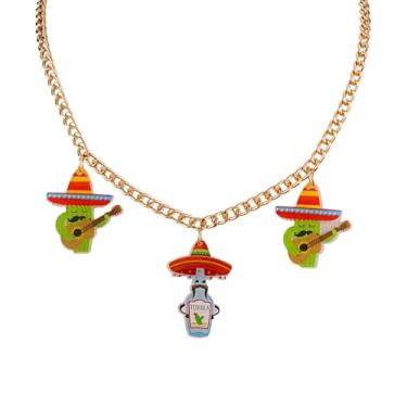 Imagem de INENIMARTJ Colar Cinco De Mayo para mulheres México Fiesta Colar Gargantilha Bonito Pimenta Sombrero Pinatas Cacto Margarita Berloques Cinco De Mayo Joias para Mulheres Acessórios Fiesta, Large, Latão